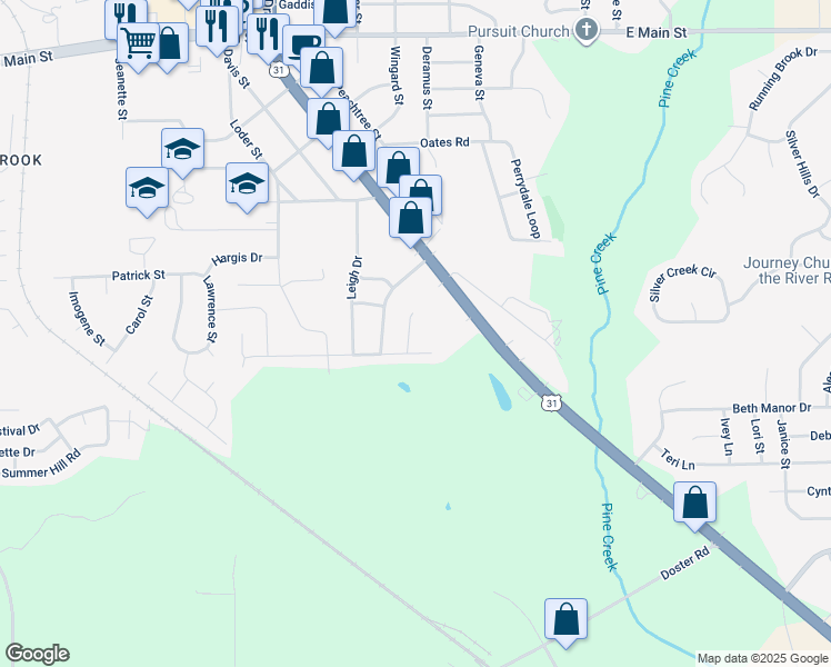 map of restaurants, bars, coffee shops, grocery stores, and more near 108 Sara Lane in Prattville