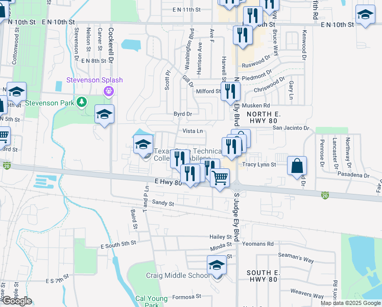 map of restaurants, bars, coffee shops, grocery stores, and more near 320 Turtle Cove in Abilene