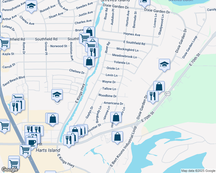 map of restaurants, bars, coffee shops, grocery stores, and more near 317 Wayne Drive in Shreveport