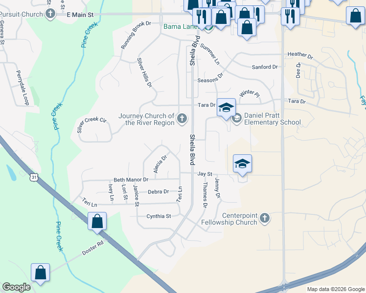 map of restaurants, bars, coffee shops, grocery stores, and more near 110 East Teri Court in Prattville