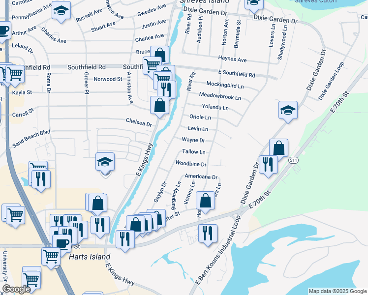 map of restaurants, bars, coffee shops, grocery stores, and more near 317 Wayne Drive in Shreveport
