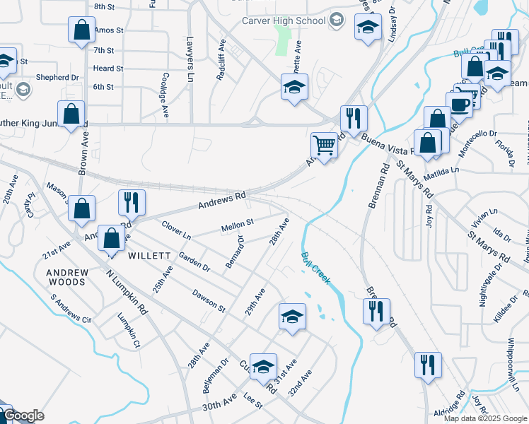 map of restaurants, bars, coffee shops, grocery stores, and more near 2538 East Central Street in Columbus