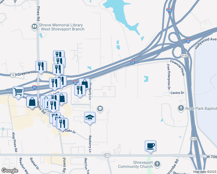 map of restaurants, bars, coffee shops, grocery stores, and more near 5919 Financial Plaza in Shreveport
