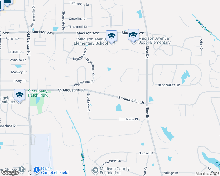 map of restaurants, bars, coffee shops, grocery stores, and more near 23 Bonne Terre Boulevard in Madison