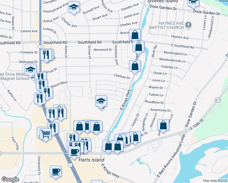 map of restaurants, bars, coffee shops, grocery stores, and more near 136 Vidor Lane in Shreveport