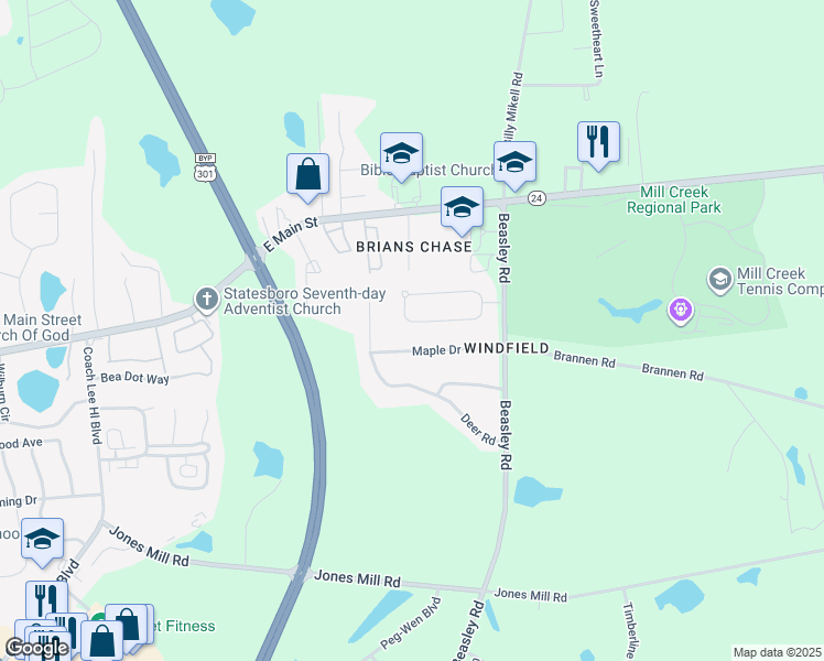 map of restaurants, bars, coffee shops, grocery stores, and more near 1032 Moss Creek Cir in Statesboro