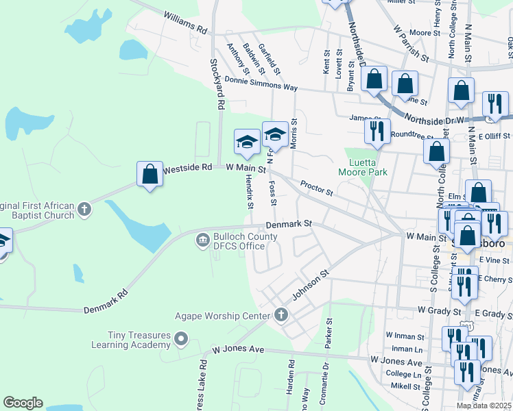 map of restaurants, bars, coffee shops, grocery stores, and more near 14 South Foss Street in Statesboro