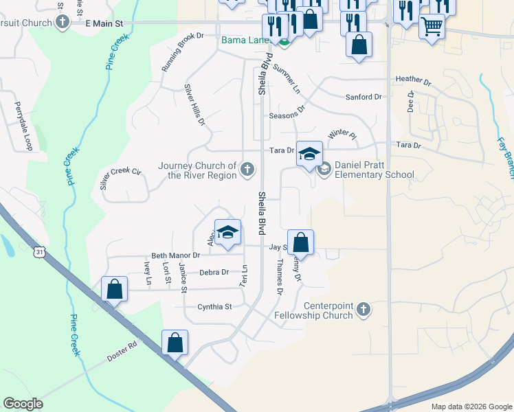 map of restaurants, bars, coffee shops, grocery stores, and more near 110-112 East Teri Court in Prattville
