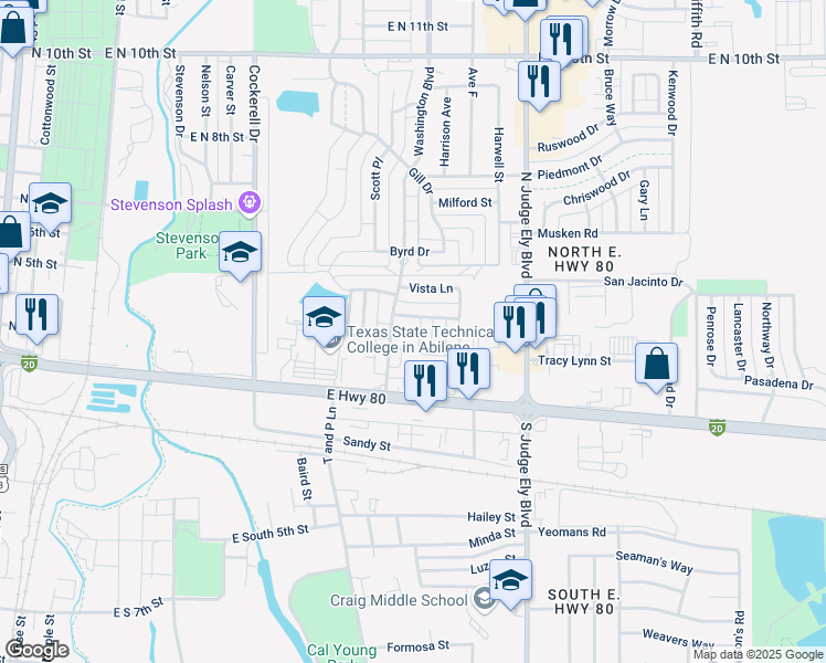 map of restaurants, bars, coffee shops, grocery stores, and more near 333 Washington Boulevard in Abilene