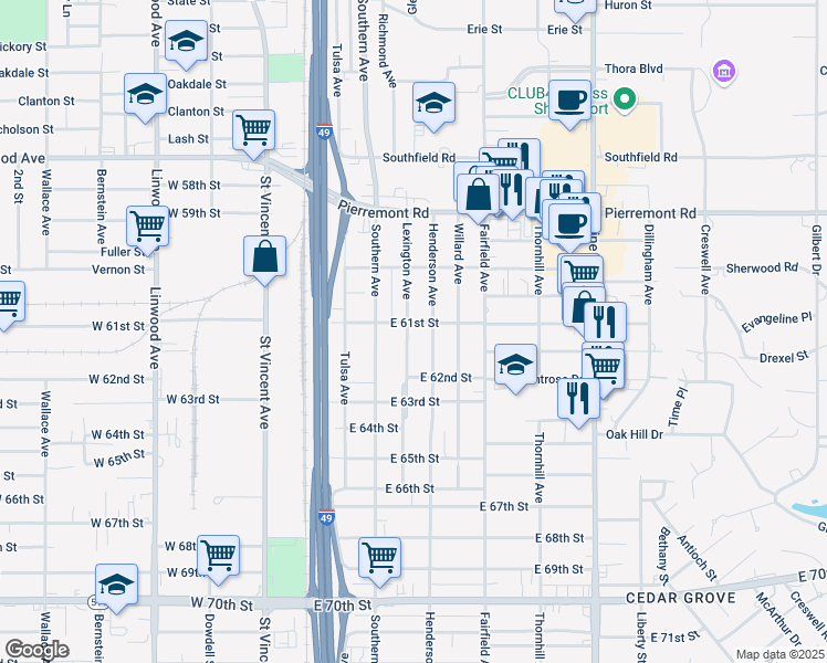map of restaurants, bars, coffee shops, grocery stores, and more near 6105 Lexington Avenue in Shreveport