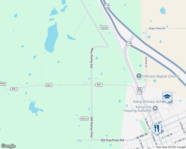 map of restaurants, bars, coffee shops, grocery stores, and more near 13471 County Road 4031 in Kemp
