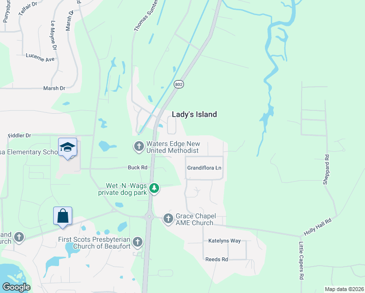 map of restaurants, bars, coffee shops, grocery stores, and more near 9 Southern Magnolia Drive in Beaufort