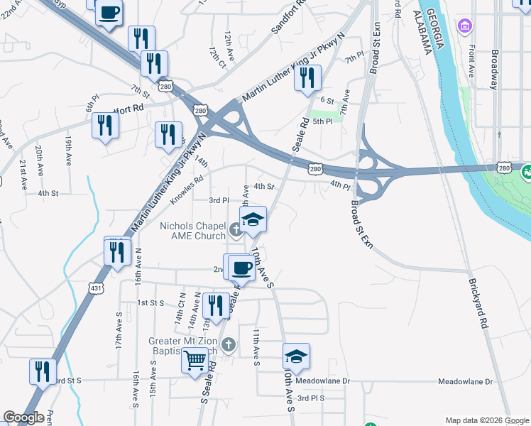 map of restaurants, bars, coffee shops, grocery stores, and more near 1010 3rd Street in Phenix City