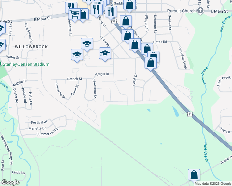 map of restaurants, bars, coffee shops, grocery stores, and more near 1121 Honeysuckle Drive in Prattville