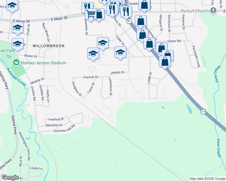 map of restaurants, bars, coffee shops, grocery stores, and more near 168 Lawrence Street in Prattville