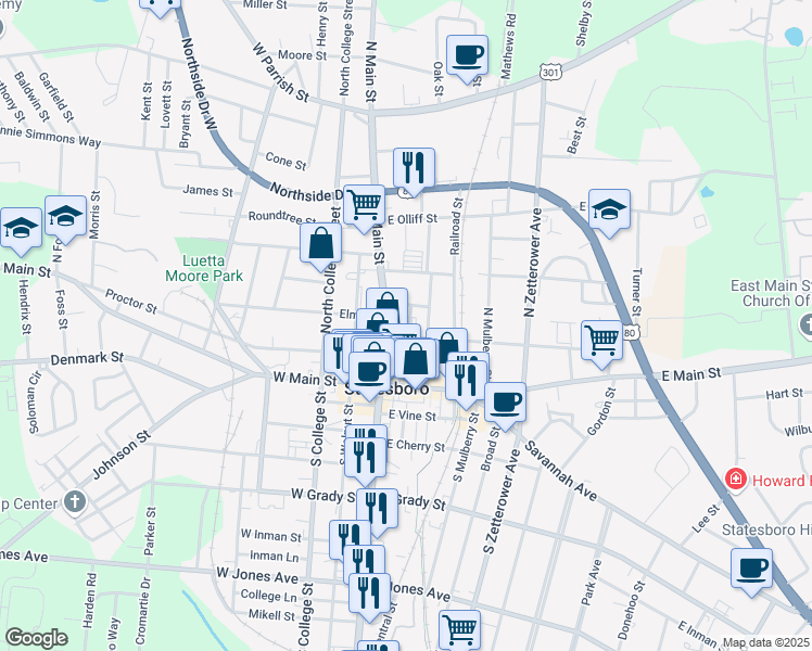 map of restaurants, bars, coffee shops, grocery stores, and more near 52 North Main Street in Statesboro