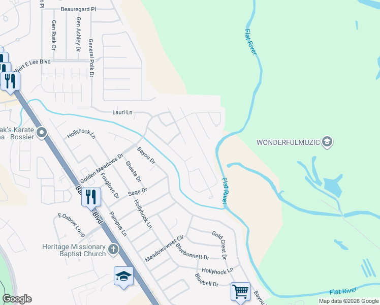 map of restaurants, bars, coffee shops, grocery stores, and more near 5605 James Scott Circle in Bossier City