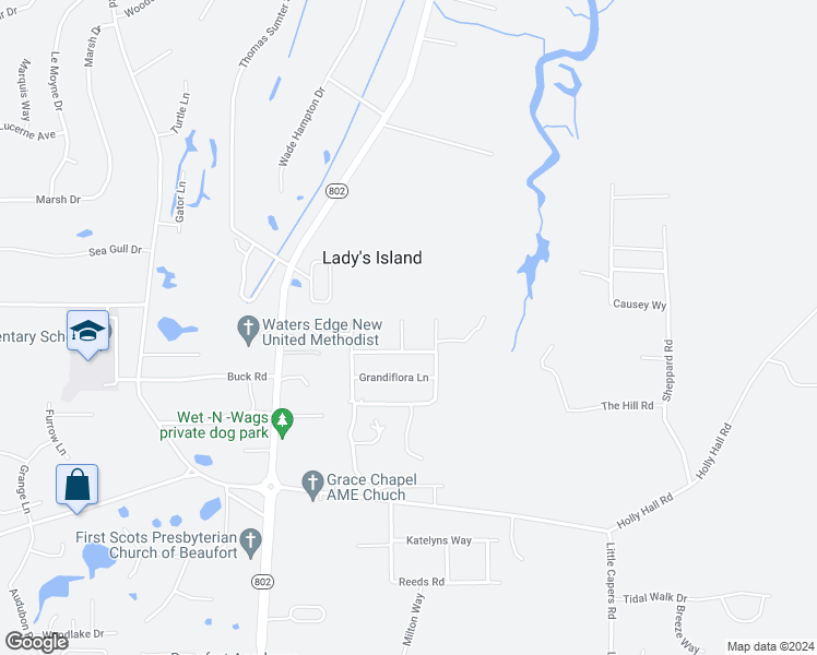 map of restaurants, bars, coffee shops, grocery stores, and more near 6 Shiney Leaf Court in Beaufort
