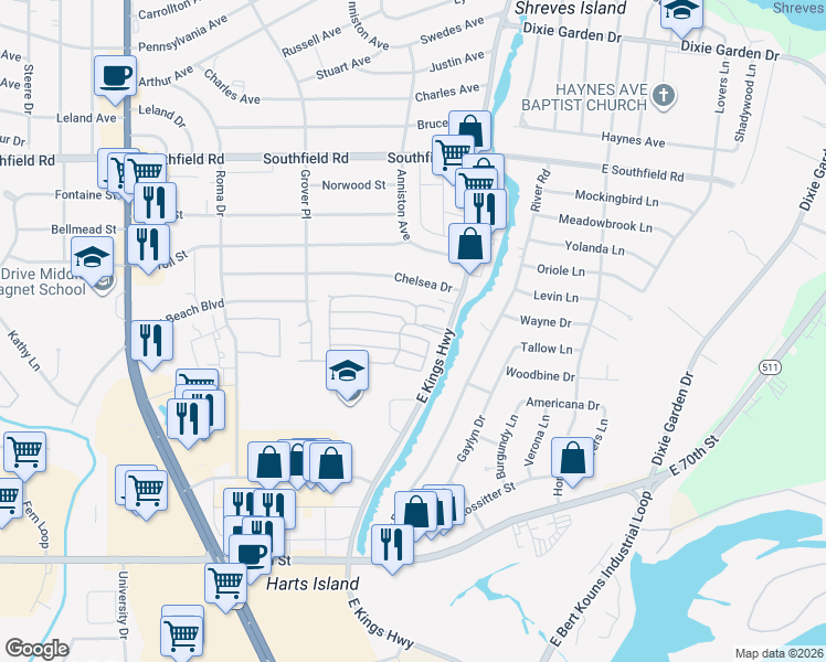 map of restaurants, bars, coffee shops, grocery stores, and more near 136 Vidor Ln in Shreveport