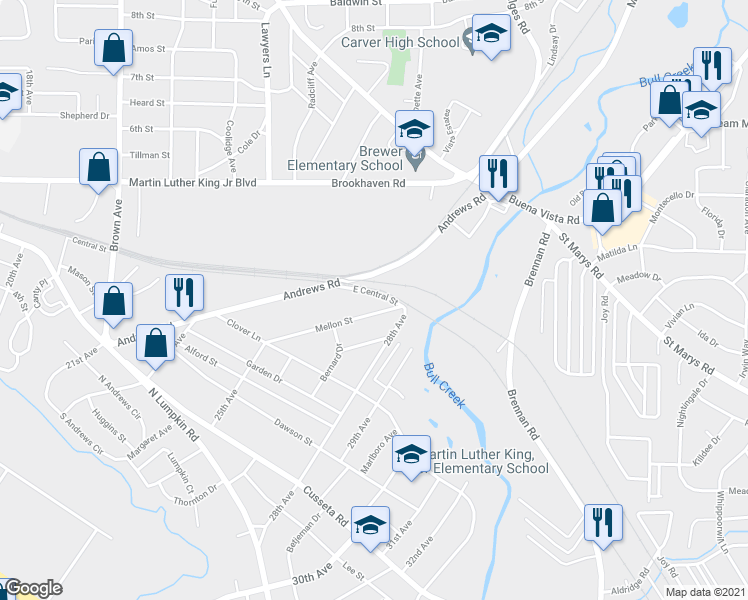 map of restaurants, bars, coffee shops, grocery stores, and more near 2538 East Central Street in Columbus