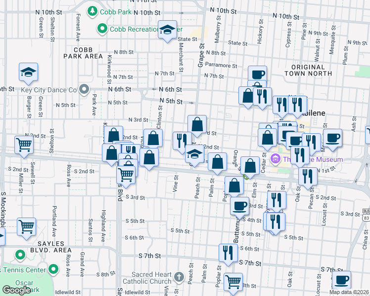 map of restaurants, bars, coffee shops, grocery stores, and more near 1725 North 2nd Street in Abilene
