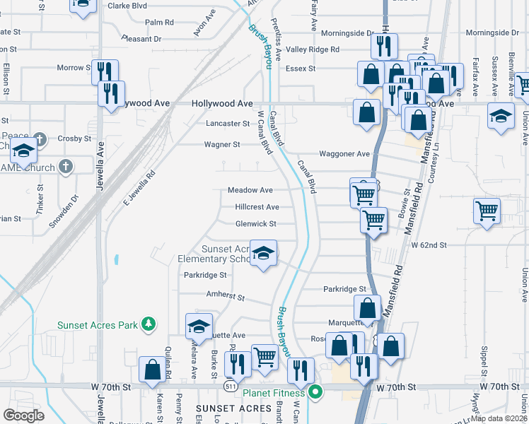 map of restaurants, bars, coffee shops, grocery stores, and more near 2937 Hillcrest Avenue in Shreveport