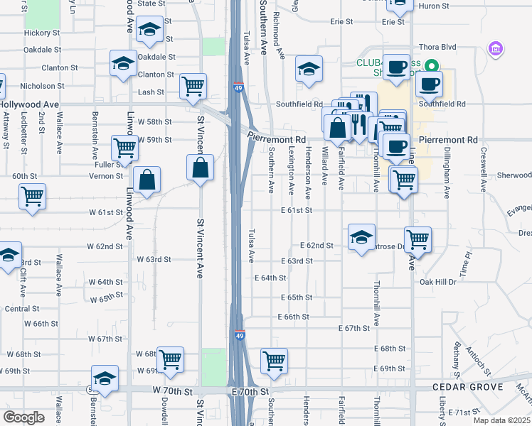 map of restaurants, bars, coffee shops, grocery stores, and more near 6100 Southern Avenue in Shreveport