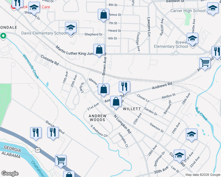 map of restaurants, bars, coffee shops, grocery stores, and more near 352 Bragg Smith Street in Columbus