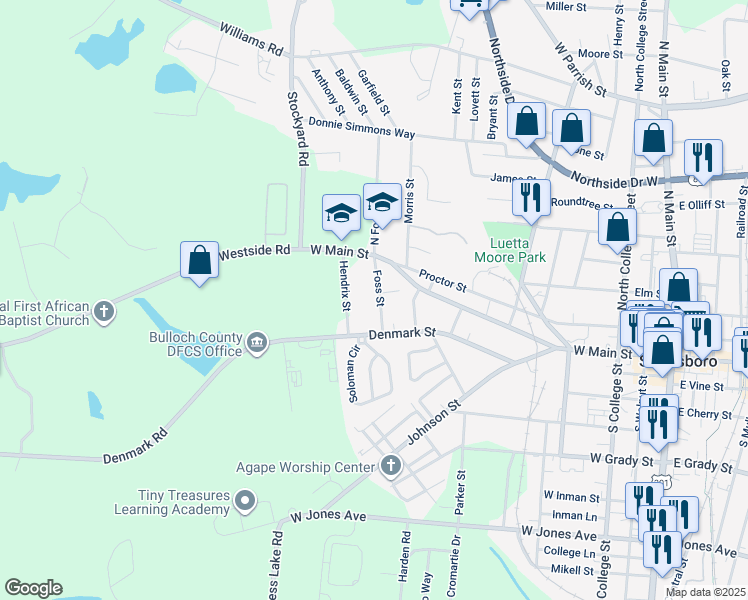 map of restaurants, bars, coffee shops, grocery stores, and more near 14 South Foss Street in Statesboro