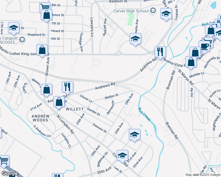 map of restaurants, bars, coffee shops, grocery stores, and more near 2502 East Central Street in Columbus