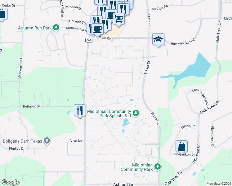 map of restaurants, bars, coffee shops, grocery stores, and more near 249 Double Creek Drive in Midlothian