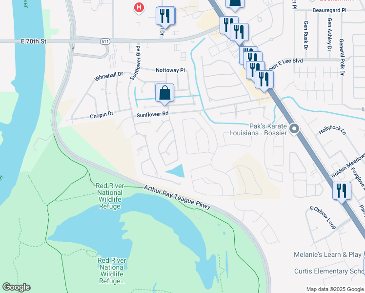 map of restaurants, bars, coffee shops, grocery stores, and more near 141 Livingston Drive in Bossier City