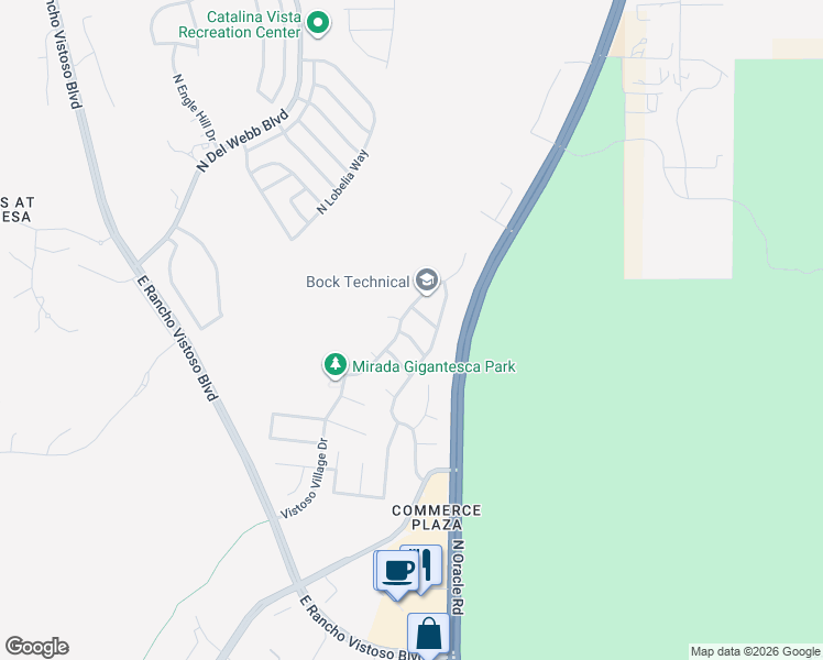map of restaurants, bars, coffee shops, grocery stores, and more near 2515 East Petroglyph Lane in Oro Valley