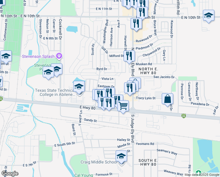 map of restaurants, bars, coffee shops, grocery stores, and more near 383 Turtle Cove in Abilene