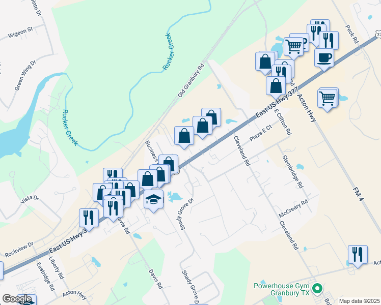 map of restaurants, bars, coffee shops, grocery stores, and more near 3016 U.S. 377 in Granbury