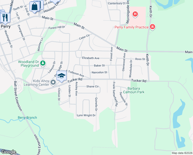 map of restaurants, bars, coffee shops, grocery stores, and more near 1423 Tucker Road in Perry