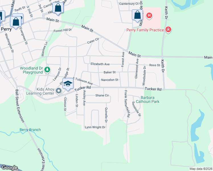 map of restaurants, bars, coffee shops, grocery stores, and more near 1423 Tucker Rd in Perry
