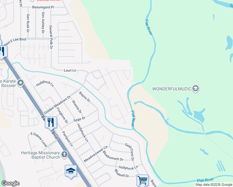 map of restaurants, bars, coffee shops, grocery stores, and more near 5605 James Scott Circle in Bossier City