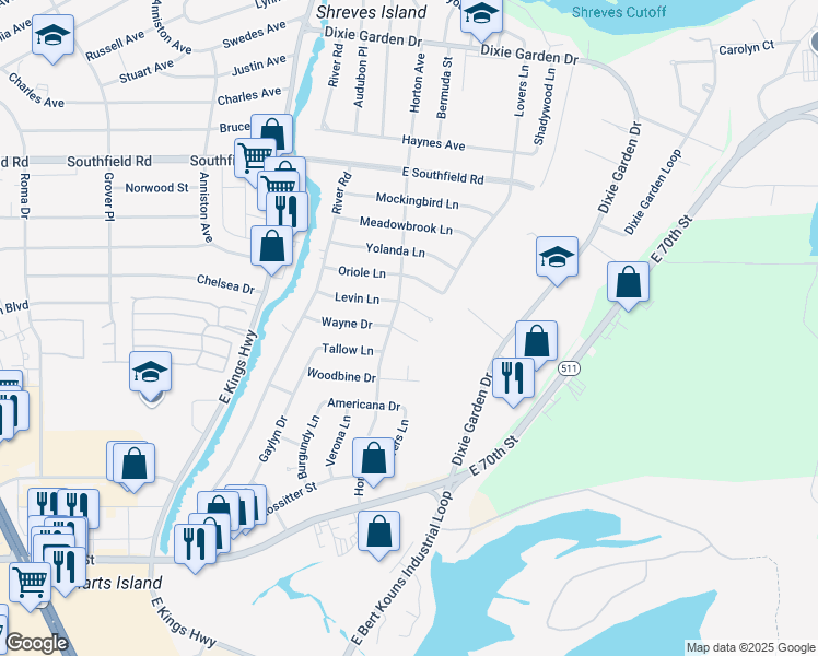 map of restaurants, bars, coffee shops, grocery stores, and more near 510 Wayne Dr in Shreveport