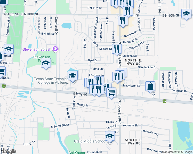 map of restaurants, bars, coffee shops, grocery stores, and more near 302 Turtle Cove in Abilene
