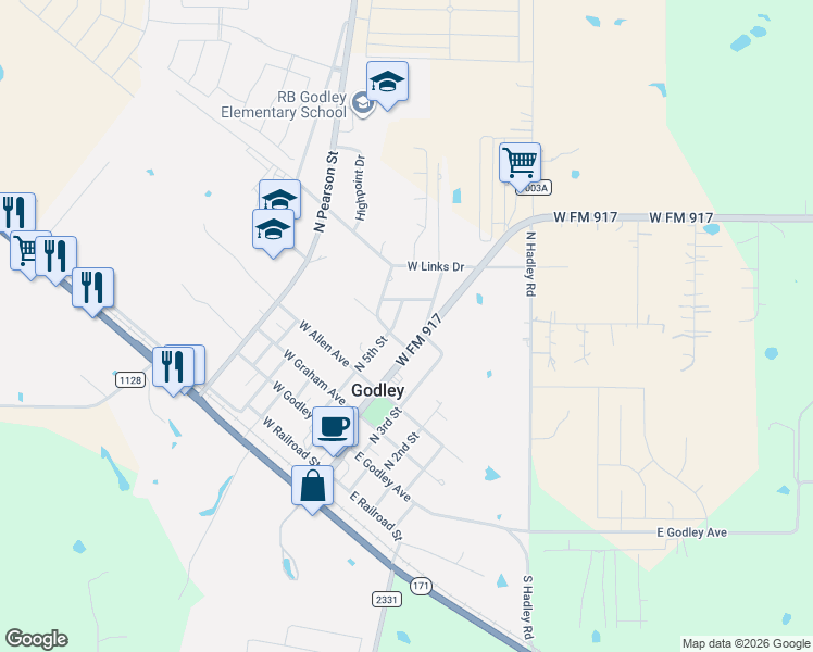 map of restaurants, bars, coffee shops, grocery stores, and more near 405 Nelson Street in Godley