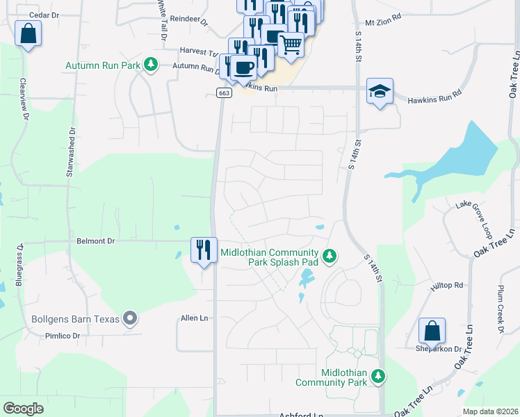 map of restaurants, bars, coffee shops, grocery stores, and more near 226 Ashlawn Drive in Midlothian