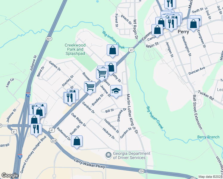 map of restaurants, bars, coffee shops, grocery stores, and more near 917 Bess Street in Perry