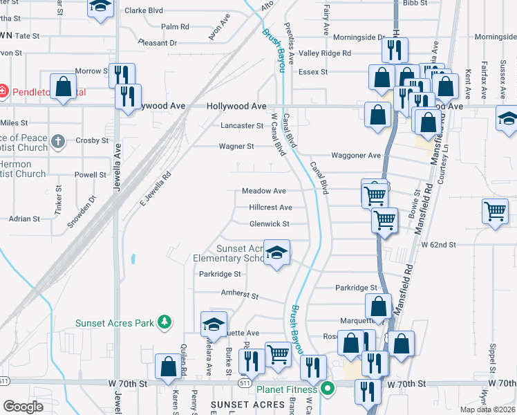 map of restaurants, bars, coffee shops, grocery stores, and more near 3019 Hillcrest Avenue in Shreveport