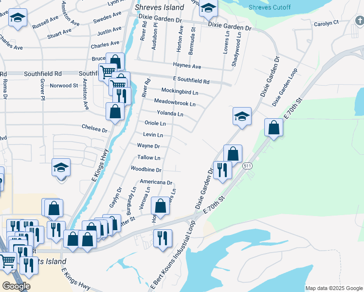 map of restaurants, bars, coffee shops, grocery stores, and more near 510 Wayne Drive in Shreveport