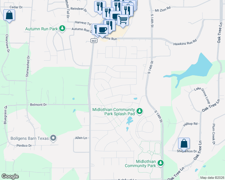 map of restaurants, bars, coffee shops, grocery stores, and more near 226 Ashlawn Drive in Midlothian