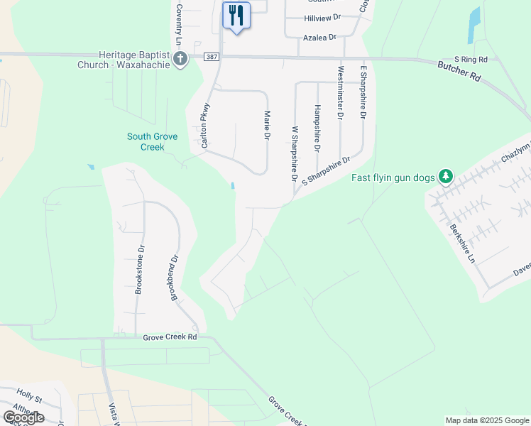 map of restaurants, bars, coffee shops, grocery stores, and more near 1182 East Sharpshire Court in Waxahachie