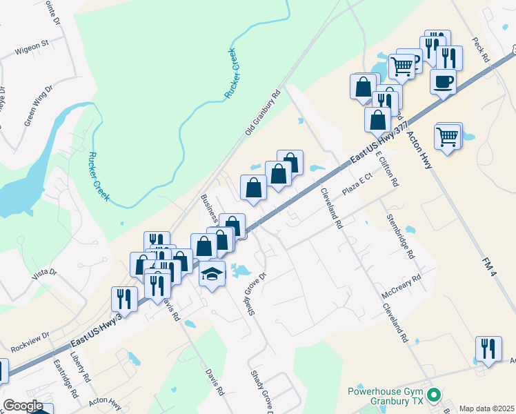 map of restaurants, bars, coffee shops, grocery stores, and more near 3016 U.S. 377 in Granbury
