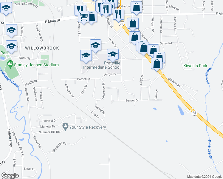 map of restaurants, bars, coffee shops, grocery stores, and more near 608 George Drive in Prattville