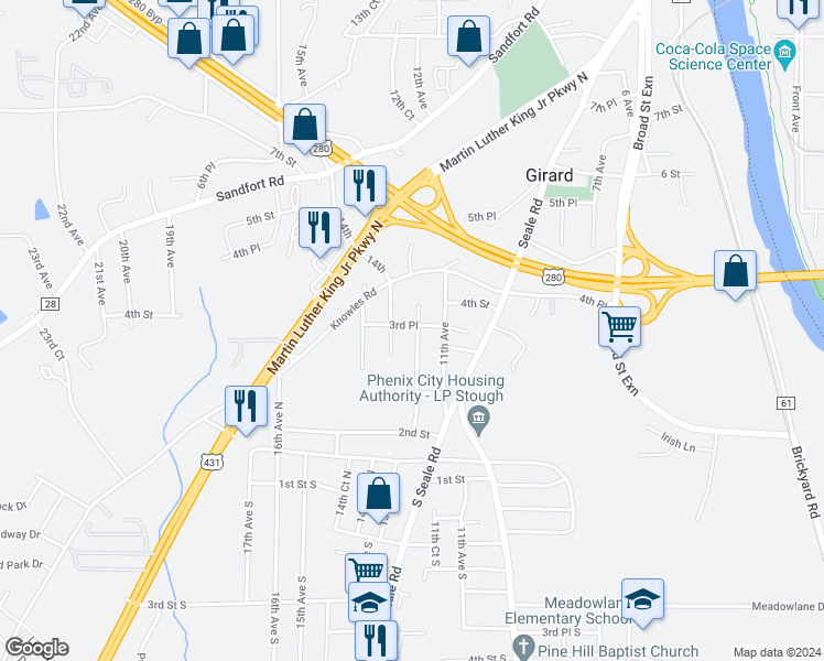 map of restaurants, bars, coffee shops, grocery stores, and more near 315 12th Avenue in Phenix City